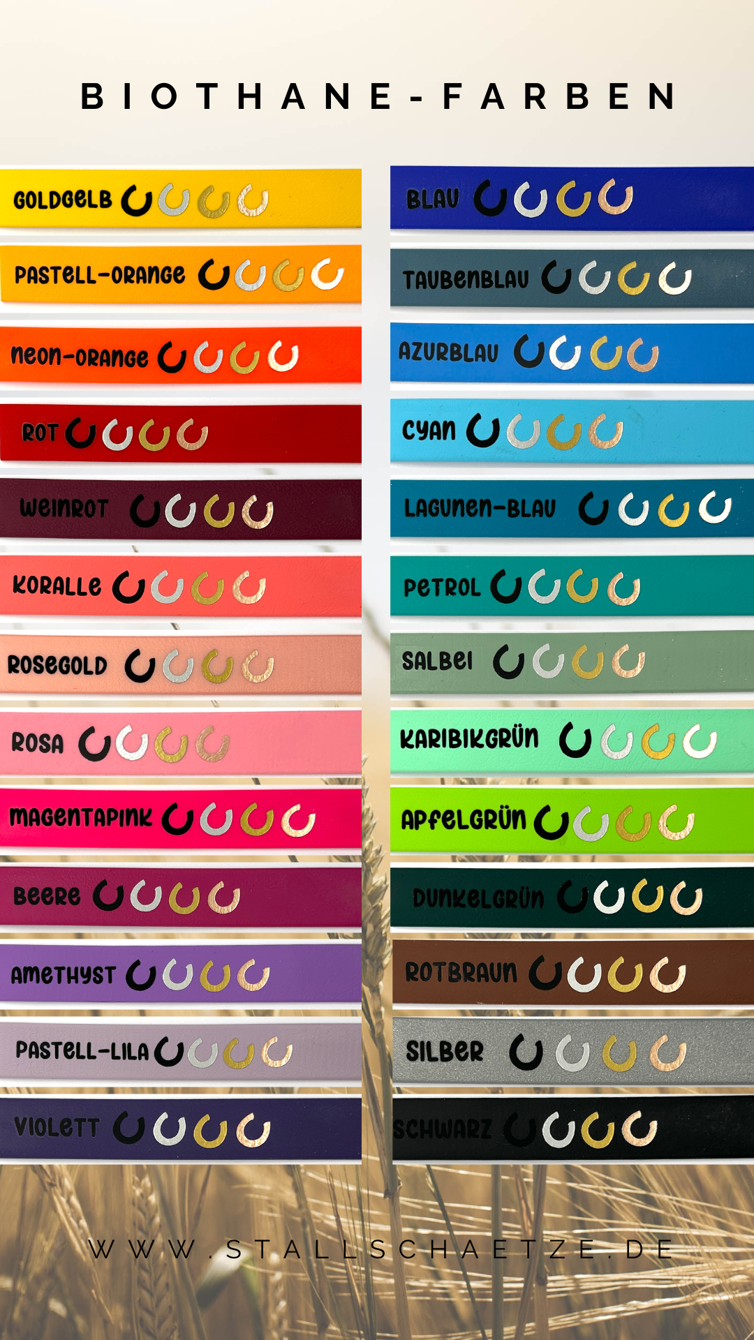 Eine Farbkarte von StallSchätze zeigt 24 beschriftete Biothane-Muster für die Putzzeug-Beschriftung in den Farben Gelb, Orange, Rot, Pink, Blau, Grün, Braun, Lila, Grau, Schwarz und Silber auf natürlichem Hintergrund.