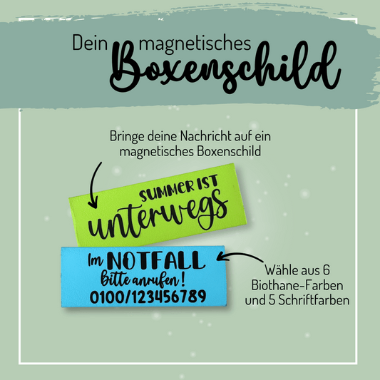 Das Individuelle magnetische Boxenschild von StallSchätze ist in verschiedenen Farben und mit Wunschtext erhältlich - ideal als Notfallschild oder persönliche Nachricht für die Pferdebox. Magnetisch haftend, einfach anzubringen und flexibel beschriftbar.