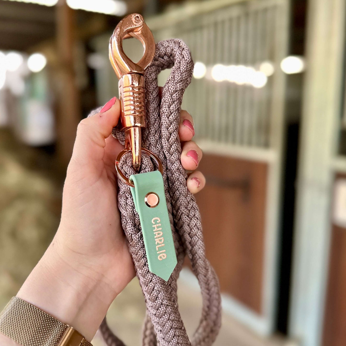 Eine Hand hält eine geflochtene Seil-Leine mit einem glänzenden Messing-Clip und einer mintgrünen StallSchätze Personalisierter Anhänger Halfter- & Strick-Beschriftung mit der Aufschrift CHARLIE. Im Hintergrund sind unscharfe Stalltüren zu sehen.