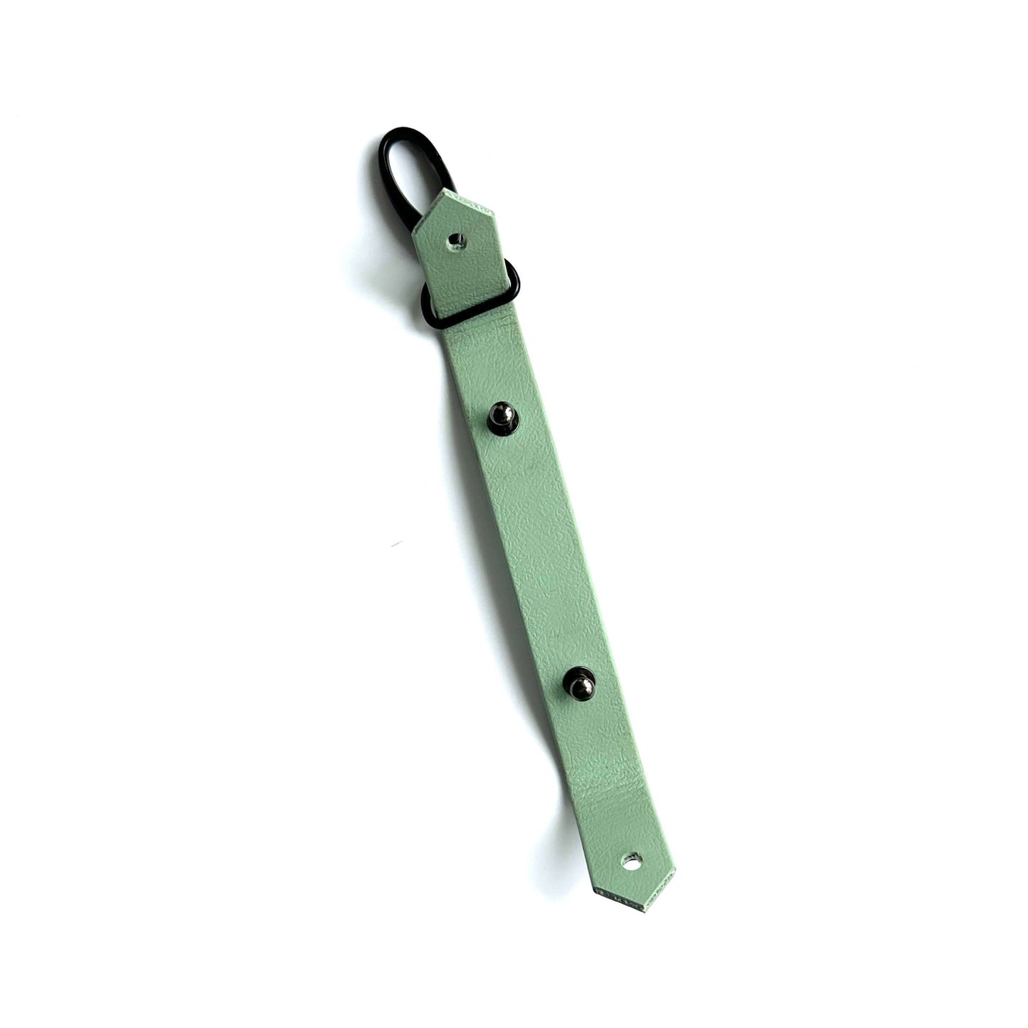 Der StallSchätze Halter für Reiterplaketten ist ein flacher, hellgrüner Biothane-Riemen mit zwei Metalldruckknöpfen, einer schwarzen Schlaufe an einem Ende und kleinen Löchern an beiden Enden, dargestellt auf weißem Hintergrund.