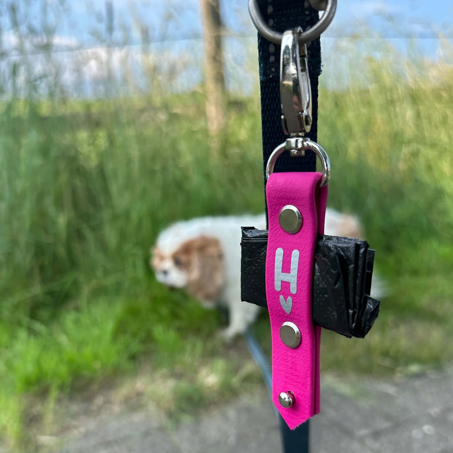Ein rosafarbener StallSchätze Kackabeutel-Halter mit einem H und einem Herz hält schwarze Taschen an der Leine, während ein kleiner weiß-brauner Hund im unscharfen Hintergrund einen Spaziergang auf der Wiese in der Nähe eines Zauns genießt.