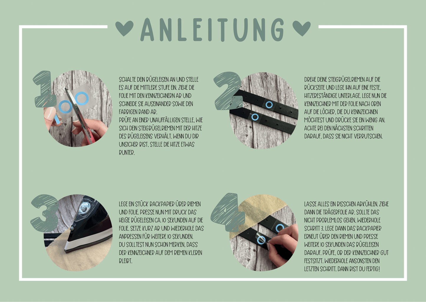 Eine StallSchätze-Grafik erklärt auf Deutsch in 4 Schritten die Anwendung des Steigbügelriemen-Längen-Kennzeichners: Messen, Löcher kennzeichnen, bohren, schneiden und zusammenbauen auf Holz. Oben steht der Titel "ANLEITUNG".