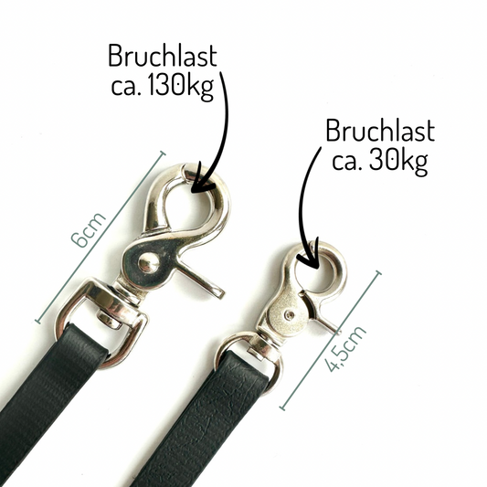 Abgebildet sind zwei Metallkarabinerhaken an schwarzen Schweifriemen von StallSchätze. Der linke ist ein stabiler Karabiner (6 cm, 130 kg), der rechte ein leichter Karabiner (4,5 cm, 30 kg). Maße und Beschriftungen angegeben.