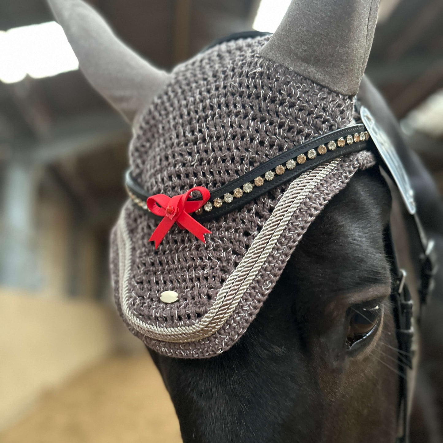 Nahaufnahme eines dunklen Pferdes, das in einer Reithalle steht und eine gehäkelte Ohrenhaube mit der StallSchätze Turnierschleife Stirn trägt, die mit Strasssteinen und einer kleinen roten Rosette versehen ist.