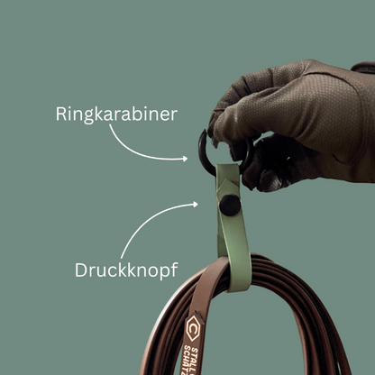 Eine behandschuhte Hand hält eine braune StallSchätze StallSchlaufe Longenhalter-Leine mit grünem Gurt, die mit Druckknopf und Ringkarabiner versehen ist, vor einem einfarbig grünen Hintergrund.