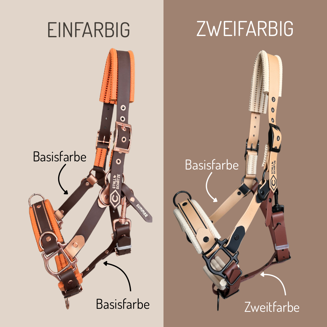 Ein geteiltes Bild zeigt den HalfterSchatz von StallSchätze: links ein einfarbiges braunes Biothane-Halfter mit orangefarbenen Akzenten; rechts eine zweifarbige beige-braune Version, die als Basisfarbe und Zweitfarbe gekennzeichnet ist.