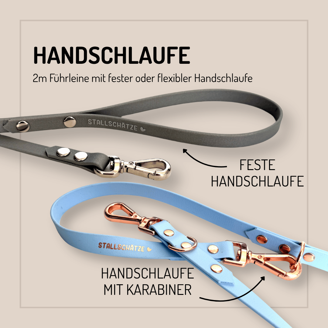 Zwei StallSchätze-Hundeleinen: individuell konfigurierbare Biothane-Hundeleine (2 m) mit Metallbeschlägen und "STALLSCHÄTZE"-Aufdruck sowie eine weitere graue Leine - beide aus Kunstleder.