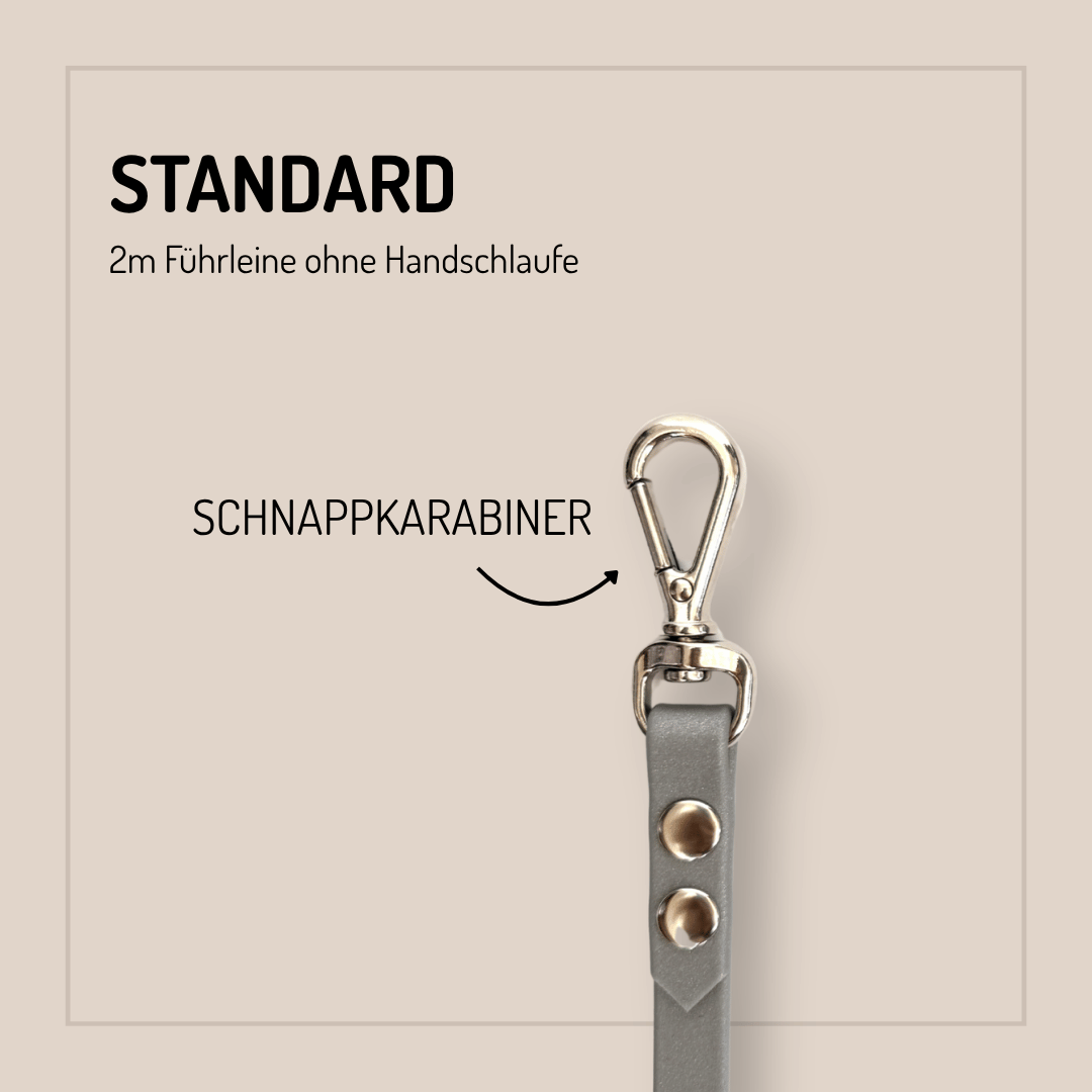 Eine graue StallSchätze Biothane-Hundeleine 2m, individuell konfigurierbar, mit Metallnieten und Karabinerhaken ist senkrecht dargestellt. Der Text lautet STANDARD, 2m Führleine ohne Handschlaufe, SCHNAPPKARABINER mit einem Pfeil auf den Karabinerhaken.