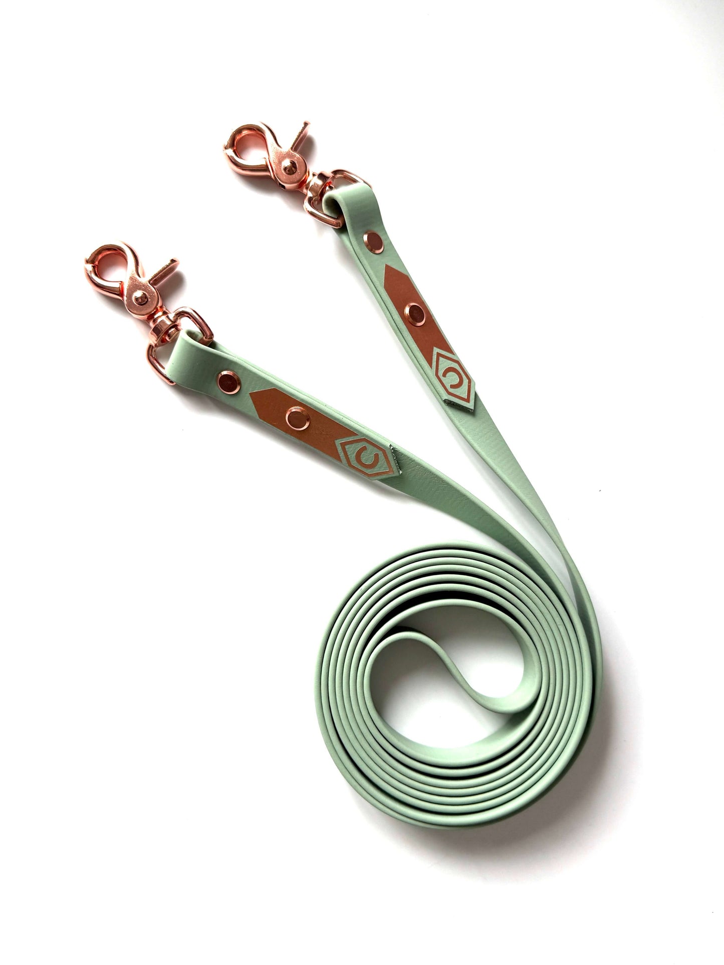Ein mintgrüner Biothane-Zügel mit Scherenkarabinern von StallSchätze, mit roségoldenen Beschlägen und geometrischen braun-weißen Akzenten, reißfest und leicht zu reinigen, sauber gewickelt auf weißem Grund.