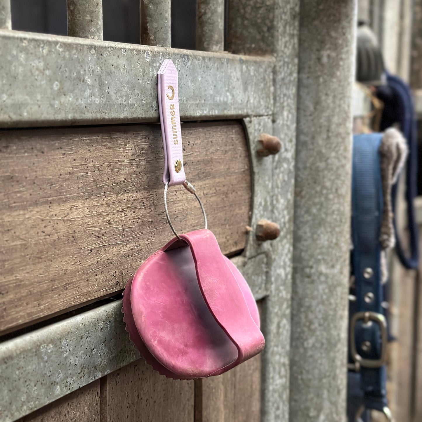 An einem helllila-farbenen Magnet-Anhänger wurde ein pinker Gummistriegel befestigt und beides hängt an der Vorderseite der Boxentür.