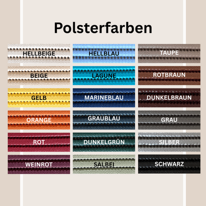 Raster mit 16 in Deutschland beschrifteten Polsterfarben, darunter Beige, Blau, Taupe und Gelb. Titel: Polsterfarben-perfekt für dein HalfterSchatz Biothane-Halfter von StallSchätze.